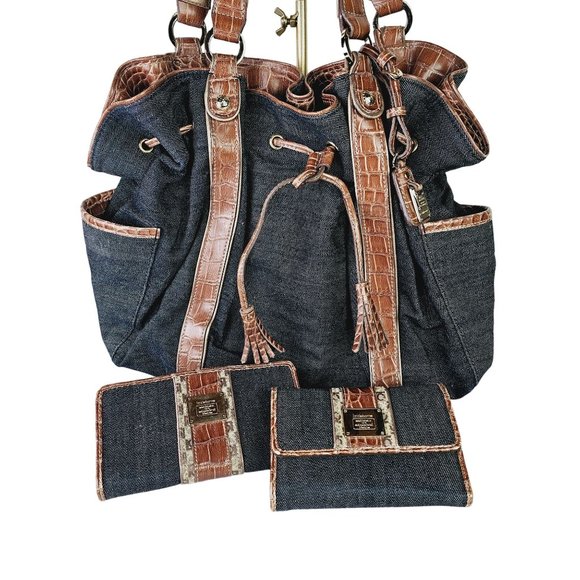 Vintage Y2K Liz Claiborne Denim Vegan Leather Hobo Bag & 2 Matching Wallets - Picture 1 of 12